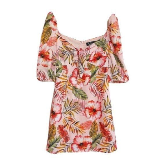NWT LuLus ZALIKI PINK TROPICAL PRINT TIE-FRONT PUFF SLEEVE MINI DRESS Blush Smal - Picture 3 of 12